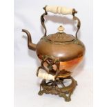 Very large decorative Victorian copper kettle with ceramic handles on an ornate stand with