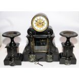 Antique Quality black slate mantel clock garniture with marble accents.Drum top with glass panel