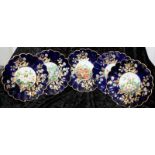 Five antique Davenport Longport cobalt blue scalloped edge cabinet plates with centre hand painted