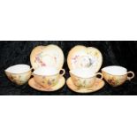Set of 4 antique Royal Worcester gilded blush ivory heart shaped cups and saucers with hand