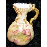 Antique Royal Worcester gilded blush ivory large gourd shaped single handled jug or ewer with hand