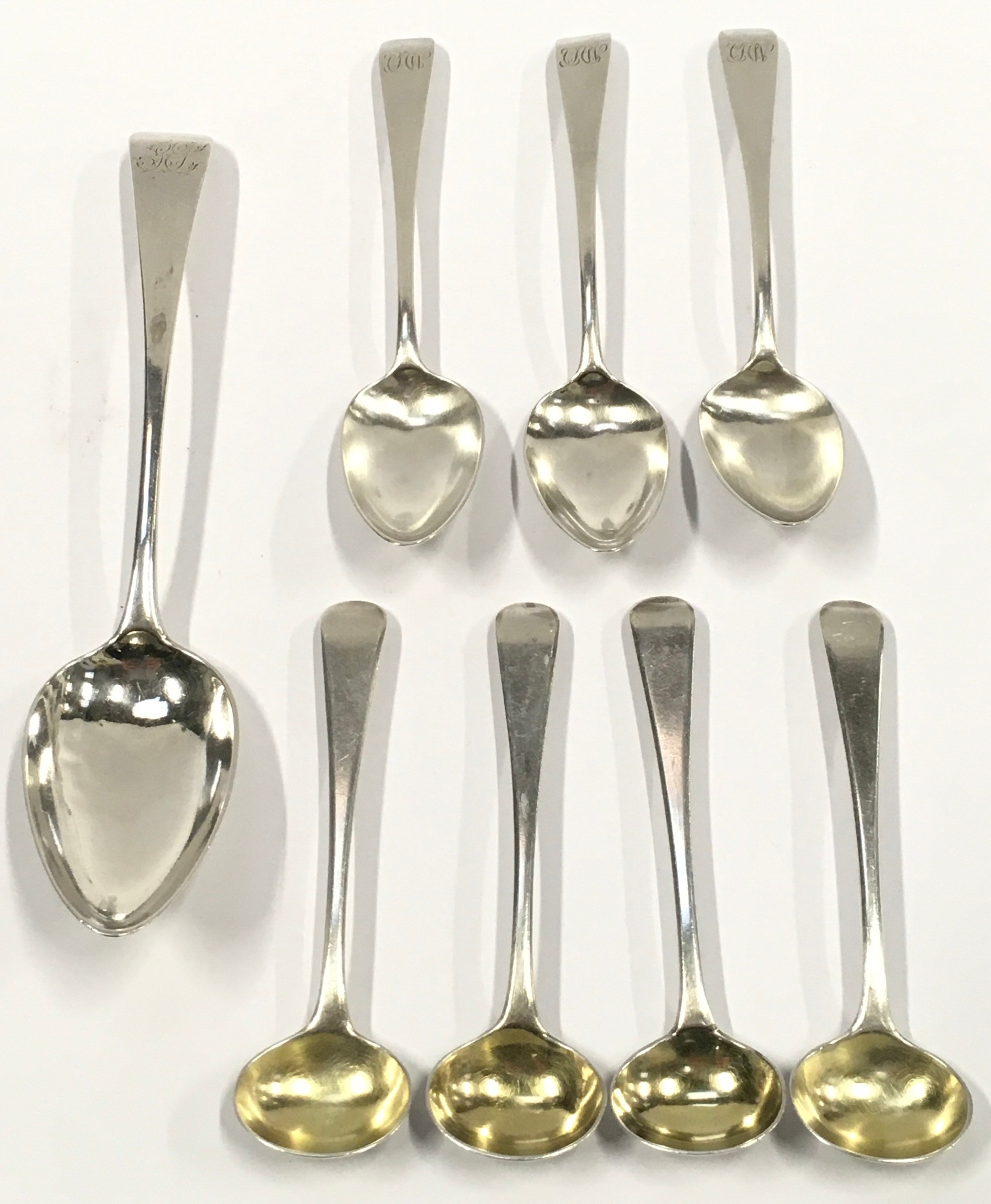 Collection of eight Georgian silver hallmarked spoons total weight 119g.