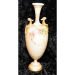Antique Royal Worcester gilded blush ivory tall urn with long neck, hand painted floral