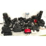 Box of various Cameras and Lenses.
