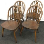 Ercol set of four Golden Dawn blue label Windsor dining chairs each measuring 43x41x82cm. Floor to