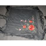 Antique Edwardian shawl in black fabric with embroidered flower decoration. Main panel approx 110cms