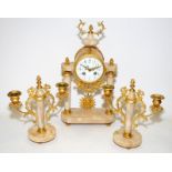 Antique French mantel garniture. Clock in barrel form, mounted on twin pillar marble base with