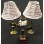 Pair of contemporary brass table lamps with shades together with a vintage Duplex oil lamp (3)