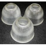 Three large holophane glass shades, 39cms across at widest part, approx 31cms tall