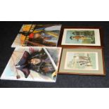 Two framed golf related prints and two original acrylic paintings of pirates signed Gege. Largest