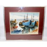 Framed and signed original watercolour of ships in harbour. O/all frame size 65cms x 57cms