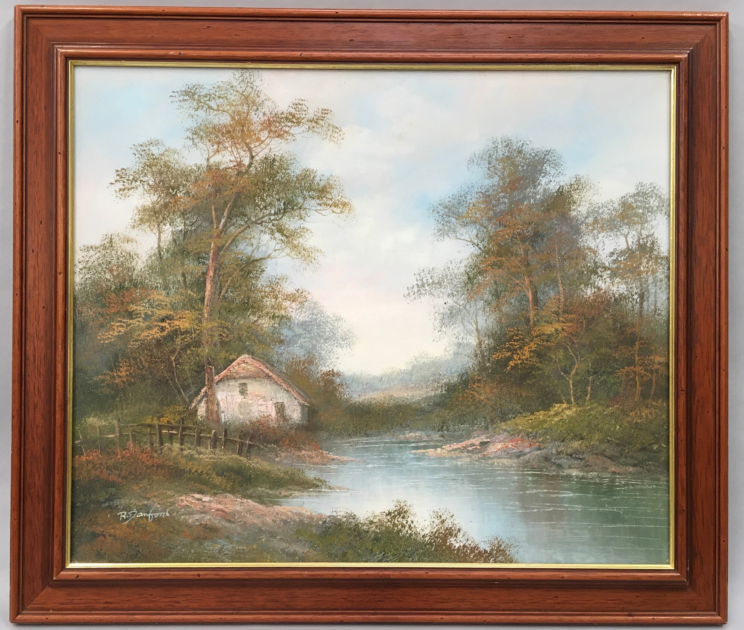 R. Danford art oil on canvas depicting a country cottage aside a river signed bottom left 75x63cm