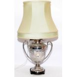 Unusual large antique silver plated lamp base in the form of a twin handled trophy. Originally an
