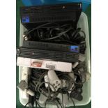 Various PlayStation consoles , controllers and power supplies.