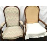 Pair of antique oak open armchairs. One has been part reupholstered and needs finishing.