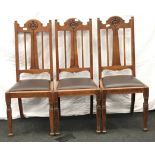 Three vintage Arts & Crafts style oak dining chairs each measuring 109x45x41cm. Floor to seat height