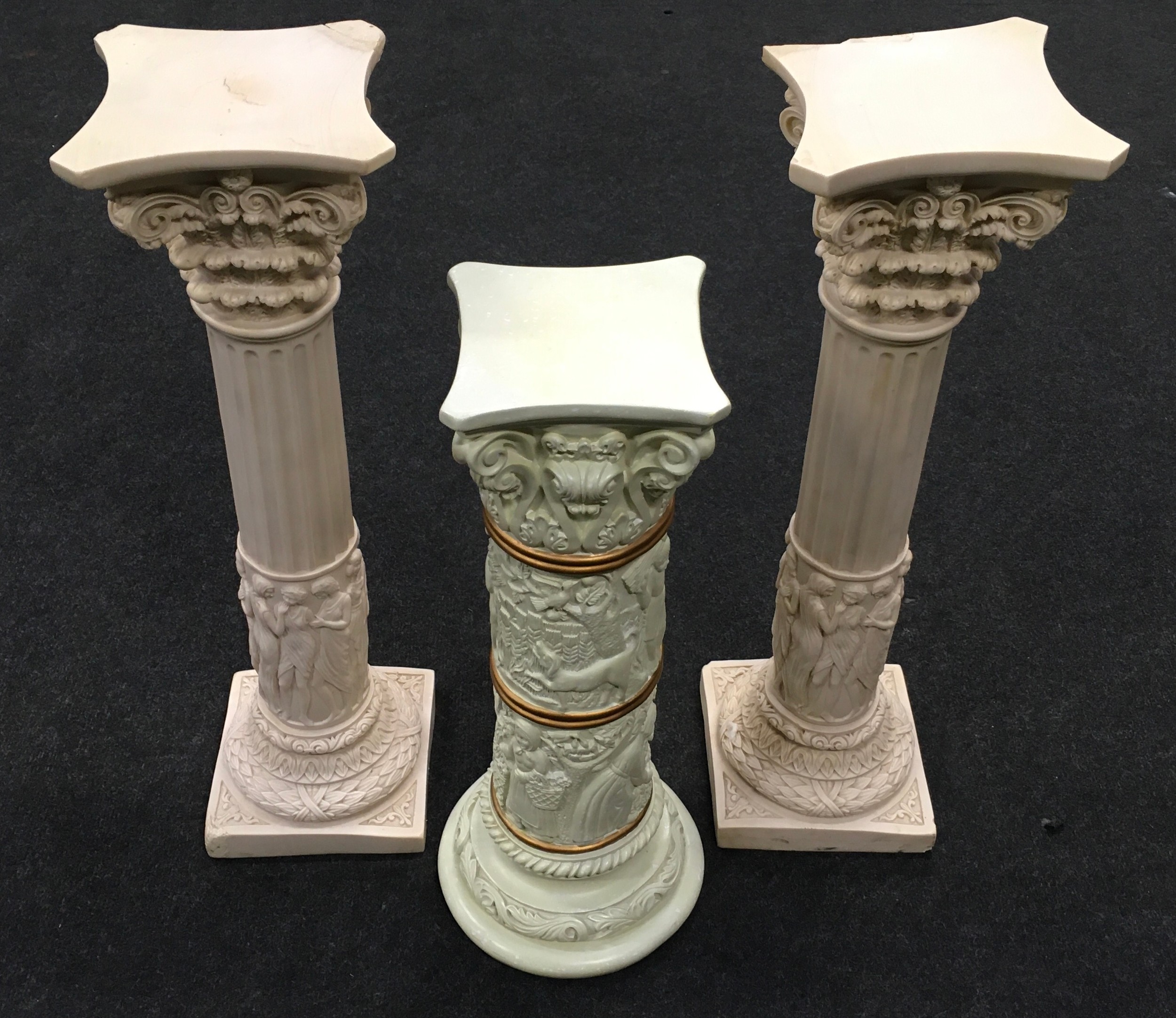 Pair of contemporary resin Corinthian columns depicting roman figures each measuring 71cm tall