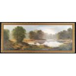 Les Parsons: Large gilt framed oil on canvas painting of a river scene signed to bottom left