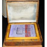 Antique screen printers set in a hinged wooden box. 48cms x 35cms