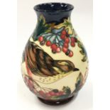 Moorcroft Trial Ingleswood Jay & Redwing vase 2002. 19cm tall. Signed and stamped to base.