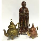 A knight fireside companion set together with two brass teapots (3).