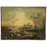 Late 18th/early 19th century antique oil on canvas of a river scene featuring sheep 49x37cm.
