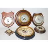 Collection of barometers and clocks to include. 6 in lot to include a sterling silver cased easel