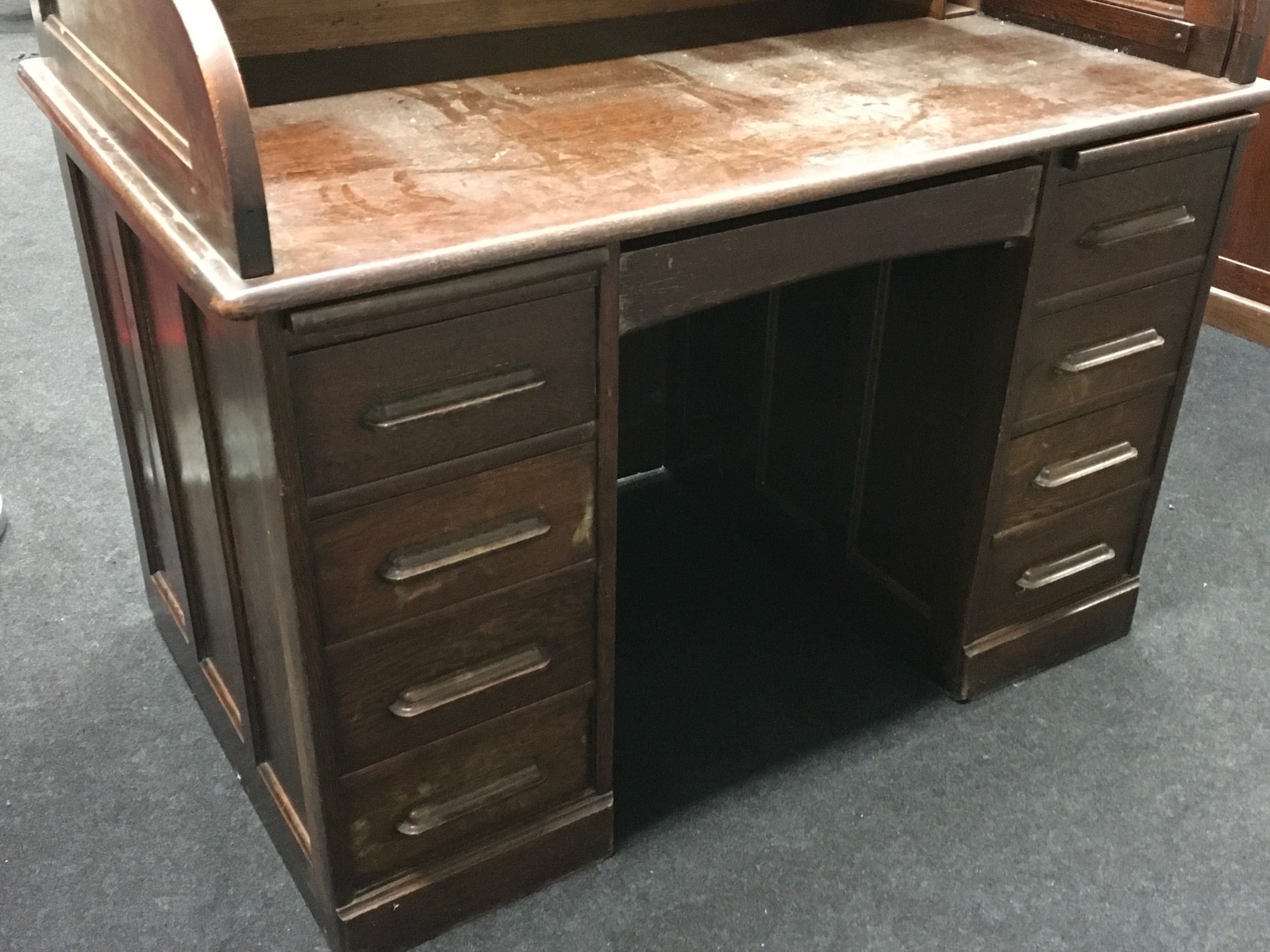 Antique oak roll top pedestal desk fitted with seven drawers 125x122x76cm. - Image 3 of 4