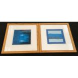 Pair of modern contemporary pictures in oak glazed frames. Both signed. Each measuring 55x55cm.