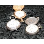 Thre antique silver pocket watches and a gold plated full hunter example. Four in lot