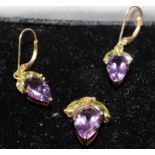Amethyst and peridot earrings and pendant set in 9ct gold
