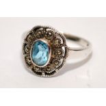Art Deco blue Topaz 925 silver marcasite ring Size m 1/2..