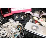 Box of diamante/pearl costume jewellery and watches.