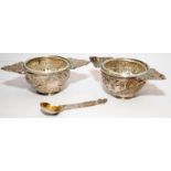 A pair of open salts with clear liners hallmarked for London 1901, includes one spoon with