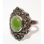 A Art Deco jade silver marcasite ring size P