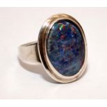 Antique Edwardian black opal 835 silver ring, Size I 1/2.