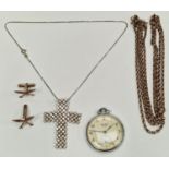 Jewellery items to include silver cross, guard chain, cuff links and a Sekonda watch.