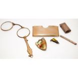 Small collection of bijouterie items to include gold plated lorgnette folding glasses, a Victorian