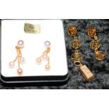 Pair 18ct gold pearl drop earrings, pair 14ct gold earrings featuring Chinese characters and a