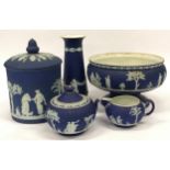 Wedgwood Jasperware collection of dark blue pieces to include large footed bowl, biscuit barrel