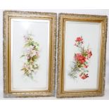 A pair of antique framed oils on porcelain depicting floral sprays. Dated and signed A.L.T.. Frame