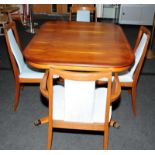 Quality walnut veneer extending dining table on claw feet c/w 4 upholstered dining chairs, two