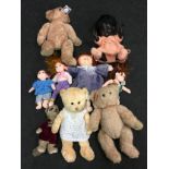 Collection of various dolls and teddy bears to include some vintage examples.