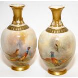 Pair of antique small Royal Worcester blush ivory vases with gilded accents featuring hand painted
