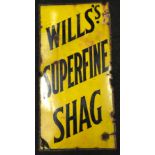 Wills's "Superfine Shag" vintage enamel sign showing some signs of age related wear 92x45cm.