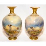 Pair of antique Royal Worcester blush ivory vases with gilded accents featuring hand painted