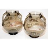 Rare antique Moser Harrach glass pair of bowls with applied enamel fish detail. In excellent