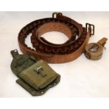 Vintage military prismatic compass, two cartridge belts and a webbing ammo pouch