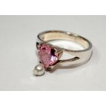 Pink CZ heart/pearl 925 silver ring Size O.