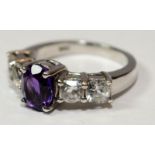 Large Amethyst/white topaz 925 silver ring Size K